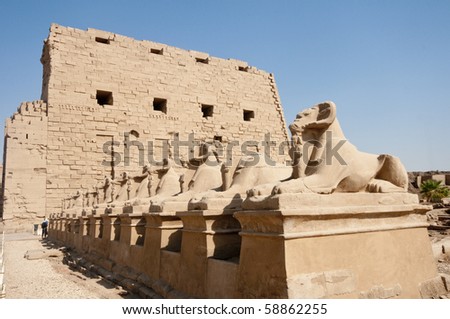 Ram headed sphinxes at the entrance to the Amun Temple complex of Karnak, Luxor, Egypt.