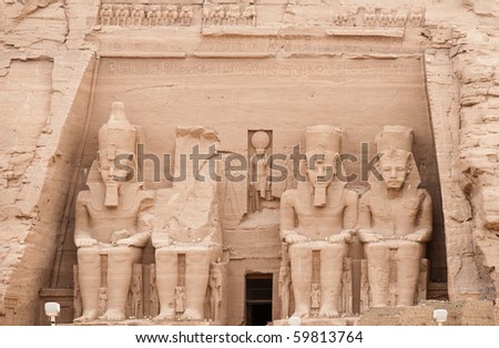 Temples of Ramses II. Built 1274-1244 BC.  Huge statues guarding the southern borders of Egypt.  The temples were moved in 1964-1968 to the present site.