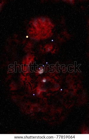 Artist\'s impression of the familiar Orion constellation showing all the main stars and nebulae, accurately positioned, against the black star-studded background of the Universe.