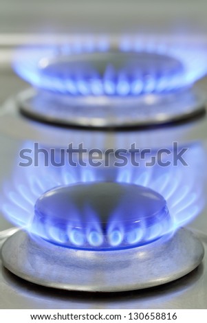 Close up of natural gas stove flames burning