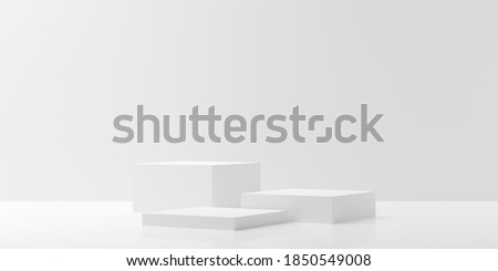 Modern abstract empty white room with three podiums in the center, product presentation template or winning ceremony background, 3D illustration