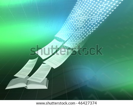 Electronic book illustration of pages streaming into the web