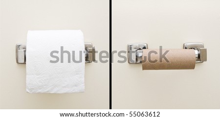 Good day, bad day concept of full and empty bathroom tissue roll