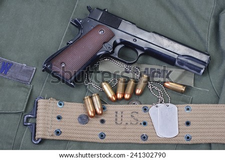colt government M1911 with US ARMY uniform texture background