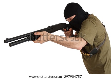 robber in black mask with shotgun isolated