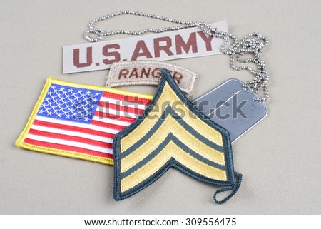 KIEV, UKRAINE - August 21, 2015.  US ARMY Sergeant rank patch, ranger tab, flag patch and dog tag