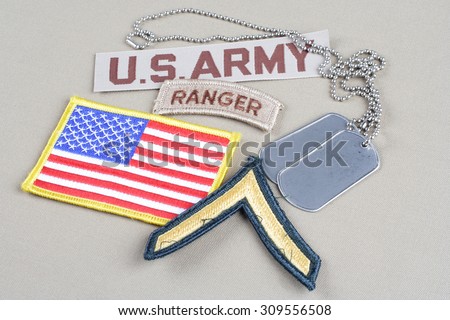 KIEV, UKRAINE - August 21, 2015.  US ARMY Private rank patch, ranger tab, flag patch and dog tag