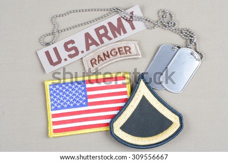 KIEV, UKRAINE - August 21, 2015.  US ARMY Private First Class rank patch, ranger tab, flag patch and dog tag