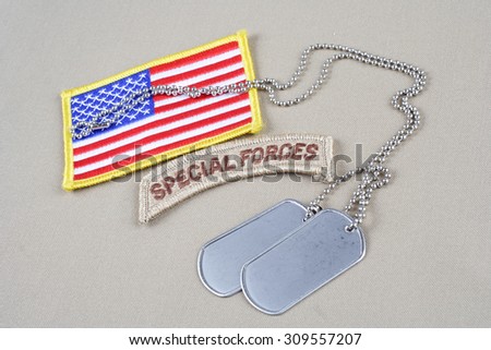 KIEV, UKRAINE - August 21, 2015. US ARMY special forces tab with dog tag