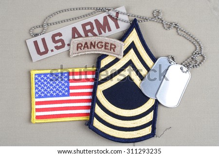 KIEV, UKRAINE - August 21, 2015.  US ARMY Master Sergeant rank patch, ranger tab, flag patch and dog tag