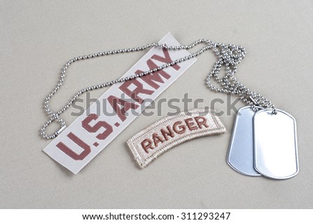 KIEV, UKRAINE - August 21, 2015. US ARMY ranger tab with dog tag
