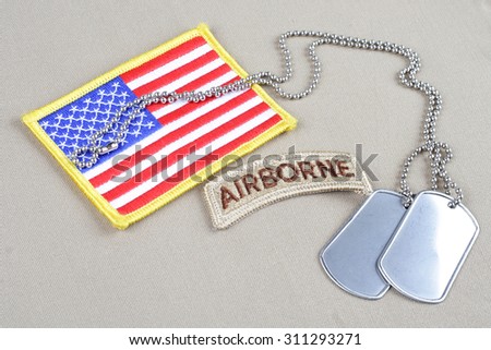 KIEV, UKRAINE - August 21, 2015. US ARMY airborne tab with dog tag