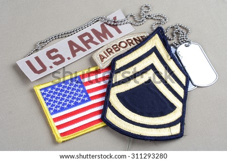 KIEV, UKRAINE - August 21, 2015.  US ARMY Sergeant First Class rank patch, airborne tab, flag patch and dog tag