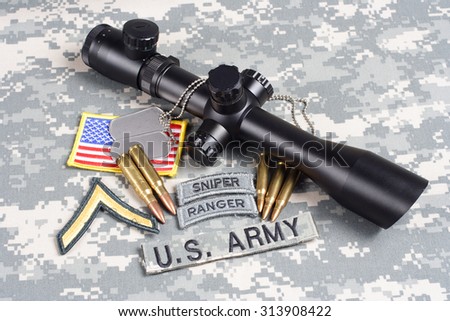 KIEV, UKRAINE - September 5, 2015. US ARMY background concept - sniper with scope and insignia