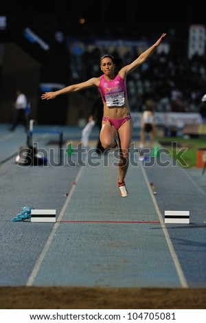 TURIN, ITALY - JUNE 08: Patricia Sarrapio ESP performs triple jump during the International Track & Field meeting Memorial Nebiolo 2012 on June 08, 2012 in Turin, Italy.
