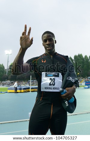 TURIN, ITALY - JUNE 08: Dwight Chambers GBR cheers after winning 100m sprint race during the International Track & Field meeting Memorial Nebiolo 2012 on June 08, 2012 in Turin, Italy.