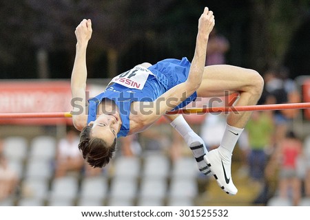 TURIN, ITALY - JULY 26: Marco Fassinotti perform high jump during Turin 2015 Italian Athletics Championships at the Primo Nebiolo Stadium on July 26, 2015 in Turin, Italy