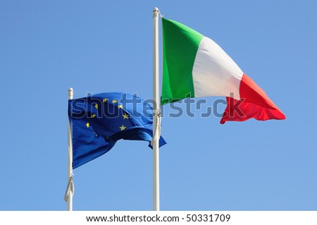 Full Italy and Europe Community flags on a blue sky