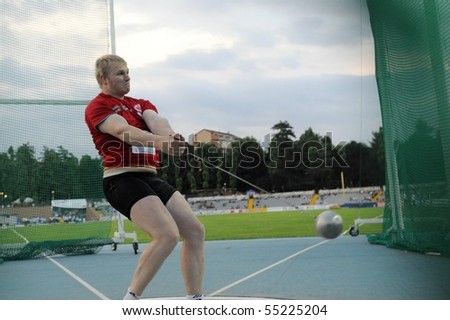 TURIN, ITALY - JUNE 12: Litvinov Sergei of Germany performs hammer throw during the 2010 Memorial Primo Nebiolo track and field athletics international meeting, on June 12, 2010 in Turin, Italy.