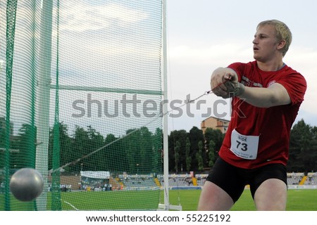 TURIN, ITALY - JUNE 12: Litvinov Sergei of Germany performs hammer throw during the 2010 Memorial Primo Nebiolo track and field athletics international meeting, on June 12, 2010 in Turin, Italy.