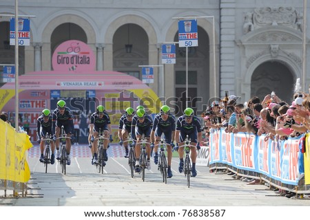 TURIN, ITALY - MAY 07: Spanish Professional Cycling Team Movistar starts for team time trial first leg of 2011 Giro Italia from Venaria Reale castle on May 07, 2011 in Turin, Italy