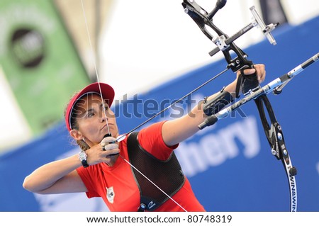 TURIN, ITALY-JULY 10: VAN LAMOEN Denisse (CHI), 2011 women recurve world champion, competes at 2011 World Archery and Para Archery Championships , on June 10, 2011 in Turin, Italy.