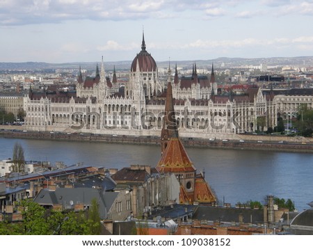 View from Buda hill to the Parliament across the Danube, Budapest, Hungary