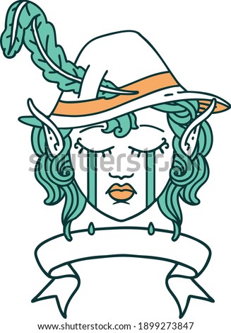 Retro Tattoo Style crying elf bard character face with banner