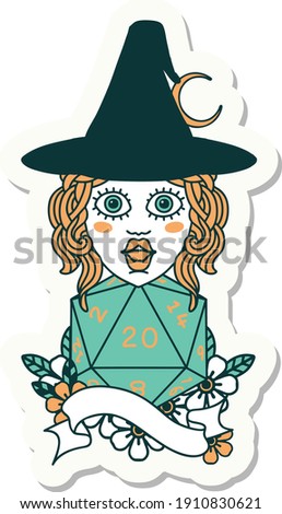 sticker of a human mage with natural twenty dice roll