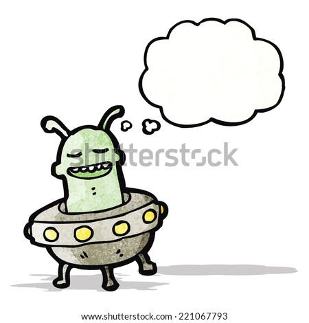 cartoon alien in flying saucer