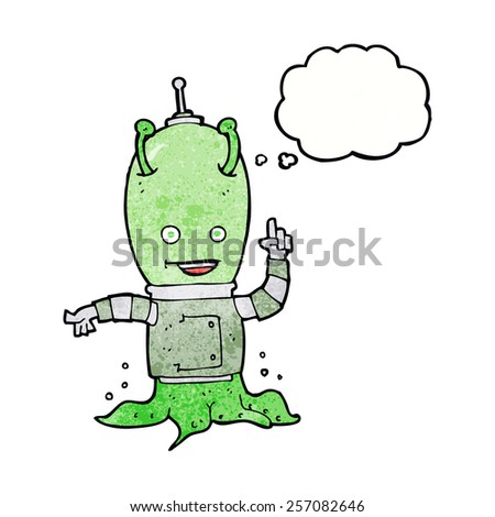 cartoon alien spaceman with thought bubble