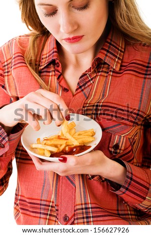 beauty girl with fast food isolated on white