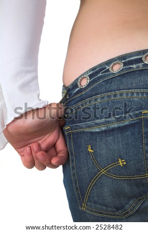 jeans waist and hand isolated on white