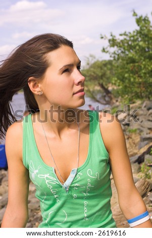 young beauty woman with long fluttering hair