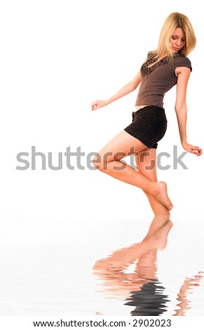 Young danced woman with water mirror isolated on white background