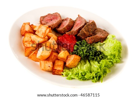 fried meat with potato on white background
