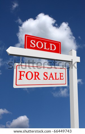 Real estate type for sale and sold sign with sky background