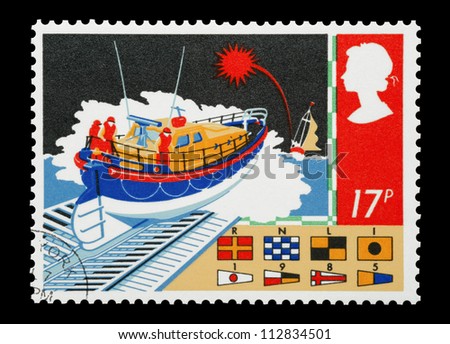 UK - CIRCA 1985: Mail stamp printed in the UK depicting the work of the British RNLI maritime rescue service, circa 1985