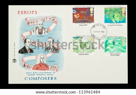 UK - CIRCA 1985: Commemorative First Day of Issue mail stamp set printed in the UK, featuring George Handel and other great classical music composers, circa 1985