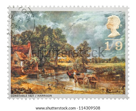 UK - CIRCA 1968: Mail stamp printed in the UK featuring the famous 19th century painting, The Hay Wain, by John Constable, circa 1968
