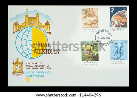 UK - CIRCA 1984: Commemorative First Day of Issue mail stamps printed in the UK, featuring the Prime Meridian line at the Royal Greenwich Observatory in London, circa 1984