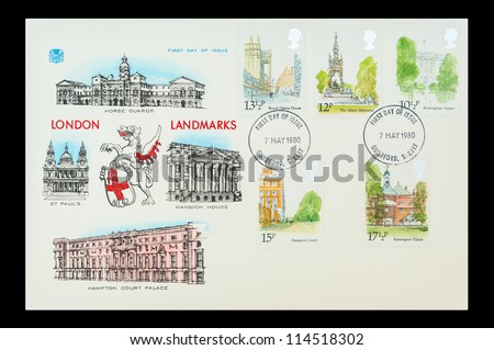 UK - CIRCA 1980: Commemorative First Day of Issue mail stamps printed in the UK featuring landmark architecture in the City of London, circa 1980