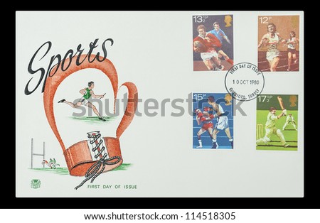 UK - CIRCA 1980: Commemorative First Day of Issue mail stamps printed in the UK featuring popular competitive sports in Britain, circa 1980