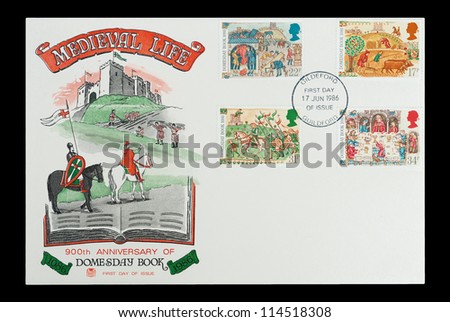 UK - CIRCA 1986: Commemorative First Day of Issue mail stamps printed in the UK, celebrating scenes from Medieval life and the 900th Anniversary of the historic Domesday Book, circa 1986