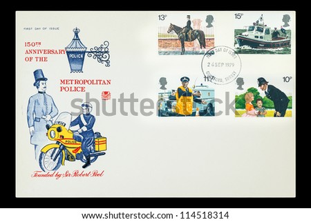 UK - CIRCA 1979: Commemorative First Day of Issue mail stamps printed in the UK celebrating the 150th anniversary of the of the Metropolitan Police, circa 1979