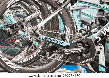 CAMBERLEY, UK - SEPTEMBER 13: High-tech Omega Pharma Quick-step team bikes before a stage of the Tour of Britain from Camberley, UK on September 13, 2014