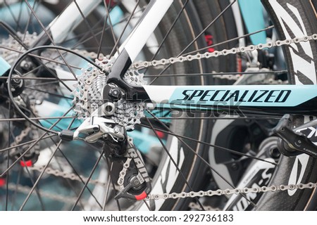 CAMBERLEY, UK - SEPTEMBER 13: Closeup of high-tech Omega Pharma Quick-step team bikes before a stage of the Tour of Britain from Camberley, UK on September 13, 2014