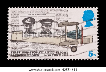 BRITISH: commemorative stamp of the first aviation crossing of the atlantic by Alcock and Brown, circa 1969