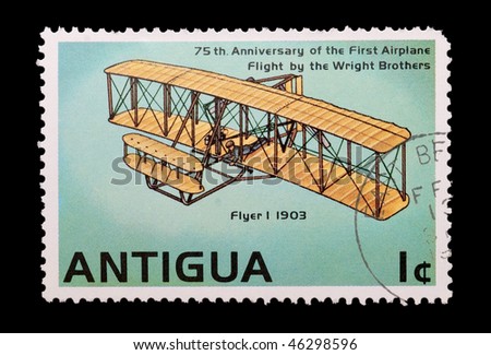 ANTIGUA - CIRCA 1978: mail stamp printed in Antigua showing the Wright brothers first powered flight, circa 1978
