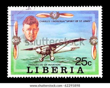 LIBERIA - CIRCA 1978: mail stamp printed in Liberia featuring aviation pioneer Charles Lindbergh, circa 1978